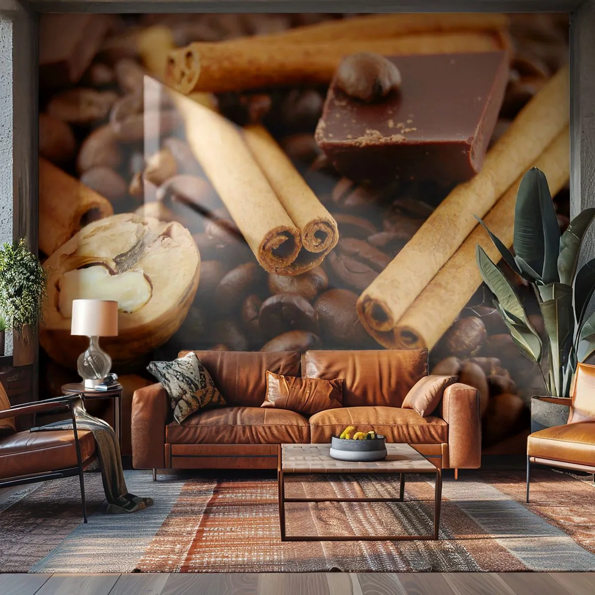 Fotomural Premium Sand - Granos de café, canela, chocolate y nueces en primer plano - 100x70cm - Concierto de aromas - Decoración de pared moderna para salón y dormitorio ARTTOR