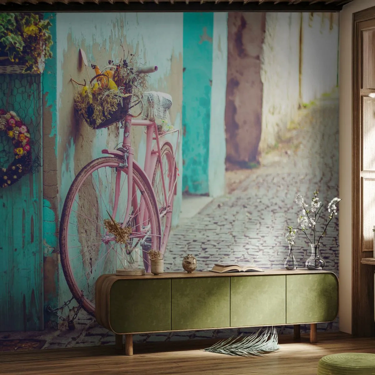 Fotomural Autadhesivo Deluxe Sticker - Ahora mismo vuelvo - Bicicleta, Arquitectura, flores - 250x175 cm