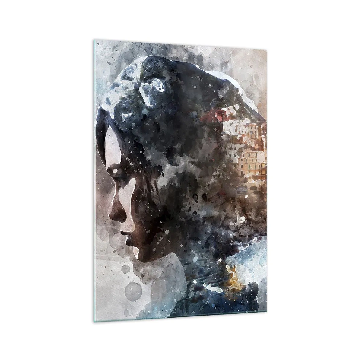 Cuadro sobre vidrio - Impresiones sobre Vidrio - Retrato de una mujer que combina su rostro con un paisaje urbano de fondo. - 70x100cm - Una historia sobre una niña con una ciudad de fondo - Decoración de pared moderna para salón y dormitorio ARTTOR