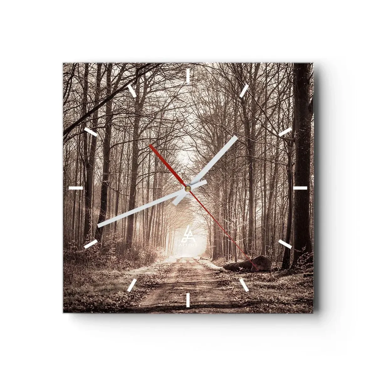 Reloj de pared - Reloj de vidrio - Un sendero forestal entre árboles en tonos sepia. - 30x30cm - La catedral del bosque - Decoración de pared moderna para salón y dormitorio ARTTOR