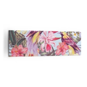 Cuadro sobre lienzo - Impresión de Imagen - Aves exóticas entre flores tropicales - 160x50cm - Pétalos y plumas - Decoración de pared moderna para salón y dormitorio ARTTOR