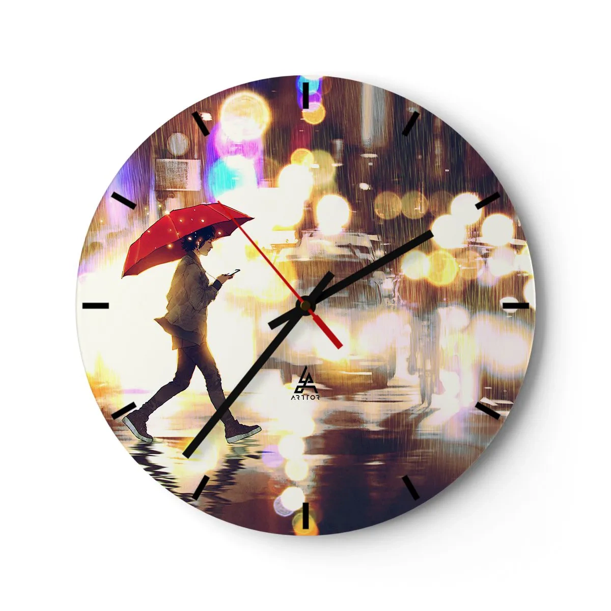 Reloj de pared - Reloj de vidrio - Una figura con un paraguas rojo contra el fondo de las luces nocturnas de la ciudad. - 30x30cm - Saldrá el sol - Decoración de pared moderna para salón, cocina y dormitorio ARTTOR