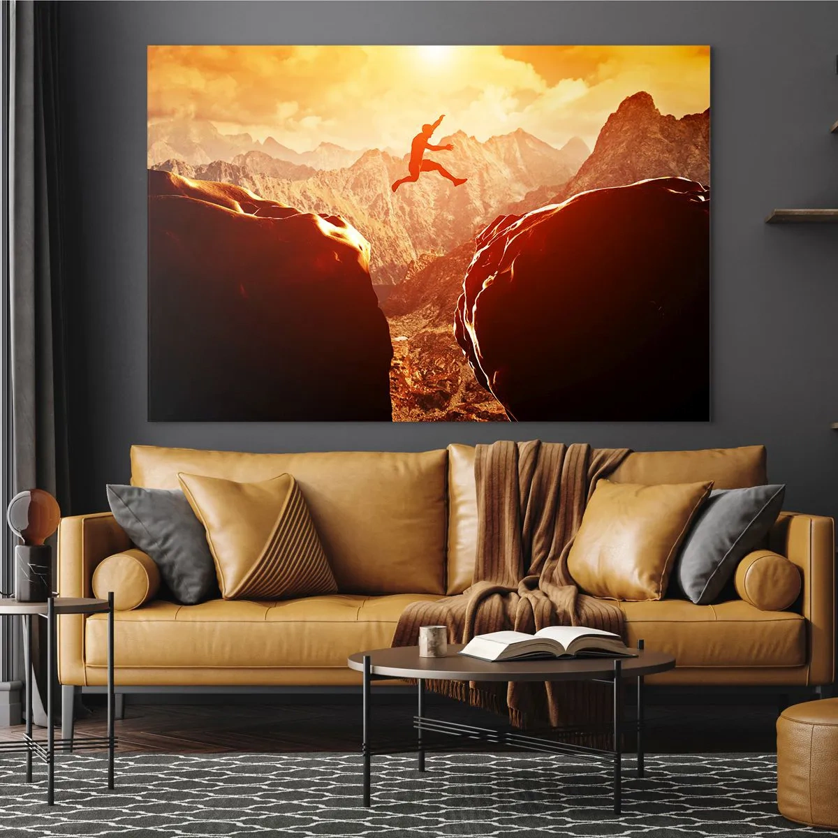 Cuadro sobre vidrio - Impresiones sobre Vidrio - Saltando sobre un abismo en un paisaje montañoso al atardecer - 120x80cm - Pasando el límite - Decoración de pared moderna para salón y dormitorio ARTTOR