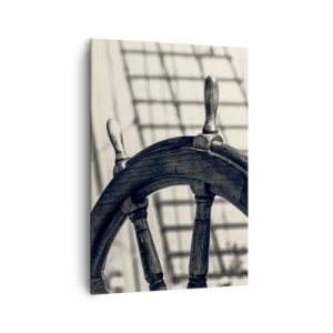 Cuadro sobre lienzo - Impresión de Imagen - Un timón de vela de estilo retro con un barco al fondo. - 70x100cm - Un cuento marino - Decoración de pared moderna para salón y dormitorio ARTTOR