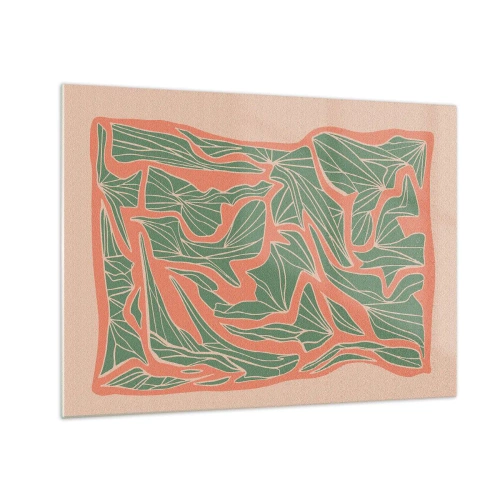 Cuadro sobre vidrio - Impresiones sobre Vidrio - Formas de hojas verdes rodeadas de un marco coral sobre un fondo beige - 70x50cm - Lucha entre el coral y el verde - Decoración de pared moderna para salón y dormitorio ARTTOR