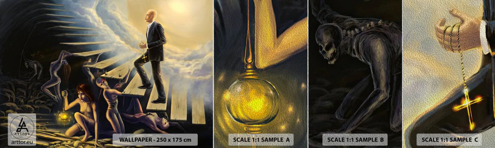 Muestra de fotomural Premium Sand - Dantesco viaje hacia la luz - Abstracción, Fantasía, Gente - 100x30 cm