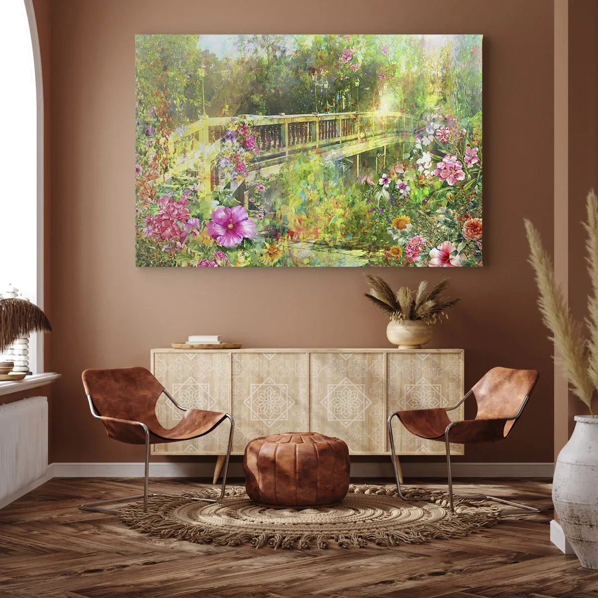 Cuadro sobre lienzo - Impresión de Imagen - Un puente rodeado de exuberante vegetación y flores. - 70x50cm - Un puente de suspiros de primavera - Decoración de pared moderna para salón y dormitorio ARTTOR