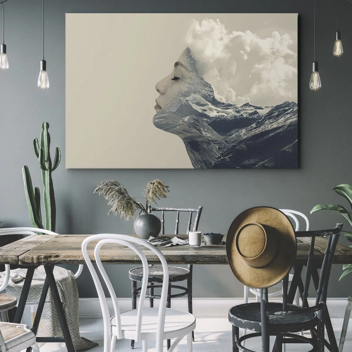 Cuadro sobre lienzo - Impresión de Imagen - Silueta de una mujer con un paisaje montañoso al fondo - 70x50cm - La belleza de los elementos - Decoración de pared moderna para salón y dormitorio ARTTOR