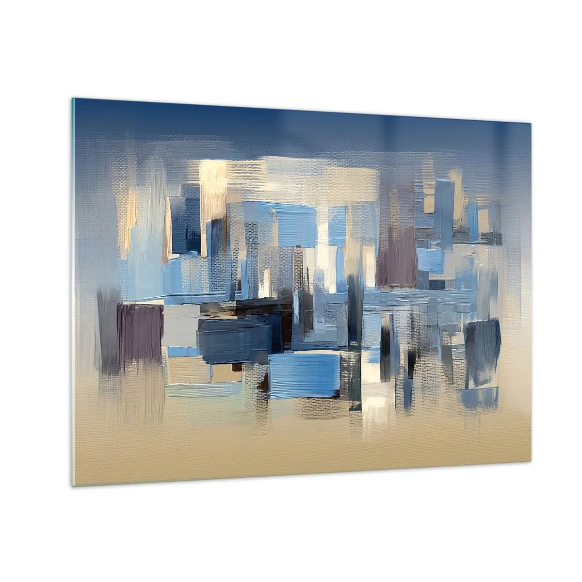 Cuadro sobre vidrio - Impresiones sobre Vidrio - Pinceladas geométricas en tonos azules y beige - 70x50cm - Construcción azul - Decoración de pared moderna para salón y dormitorio ARTTOR