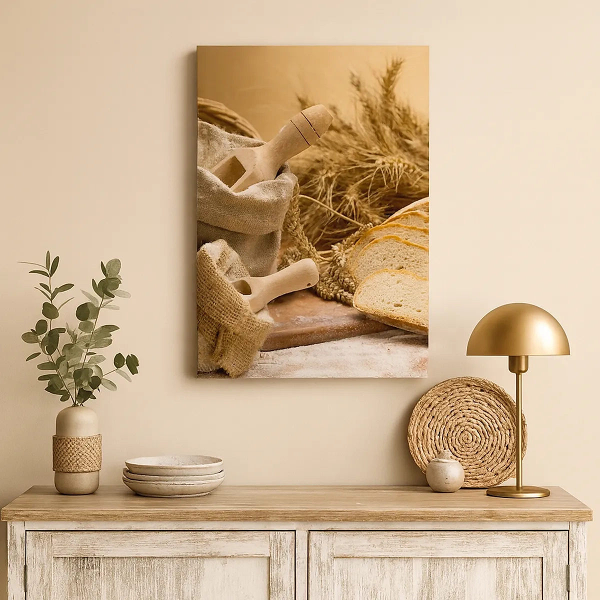 Cuadro sobre lienzo - Impresión de Imagen - Un paisaje con pan, harina y espigas de trigo en estilo rústico. - 50x70cm - Corte perfecto - Decoración de pared moderna para salón y dormitorio ARTTOR