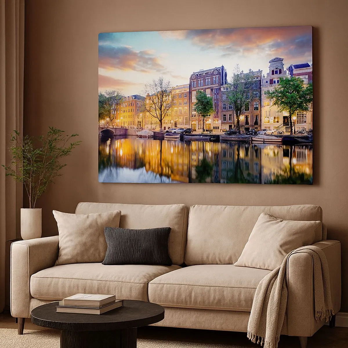 Cuadro sobre lienzo - Impresión de Imagen - Canal con reflejo de casas de vecindad a la luz del atardecer - 70x50cm - La belleza holandesa, sobria y tranquila - Decoración de pared moderna para salón y dormitorio ARTTOR