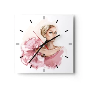 Reloj de pared - Reloj de vidrio - Retrato de una mujer con un vestido rosa sobre un fondo claro. - 30x30cm - Recuérdame como una pintura... - Decoración de pared moderna para salón y dormitorio ARTTOR