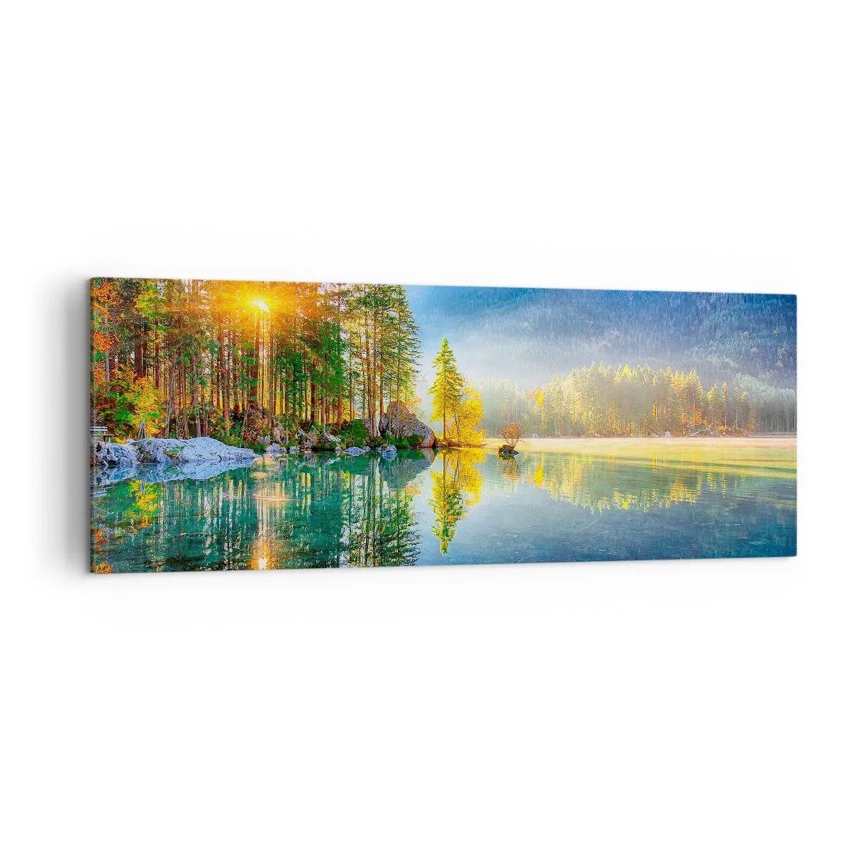 Cuadro sobre lienzo - Impresión de Imagen - Un lago rodeado de montañas y bosques bajo los rayos del sol. - 140x50cm - Majestuosidad y dulzura - Decoración de pared moderna para salón y dormitorio ARTTOR