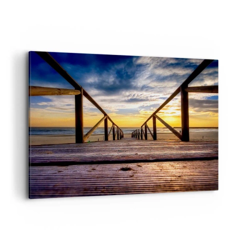 Cuadro sobre lienzo - Impresión de Imagen - Muelle de madera que conduce a la playa al atardecer - 100x70cm - Directamente hacia una playa tranquila al atardecer - Decoración de pared moderna para salón y dormitorio ARTTOR