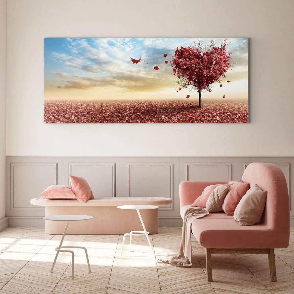Cuadro sobre vidrio - Impresiones sobre Vidrio - Un árbol solitario en forma de corazón en un campo de hojas rojas. - 140x50cm - Amor de otoño - Decoración de pared moderna para salón y dormitorio ARTTOR
