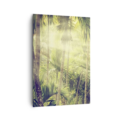 Cuadro sobre lienzo - Impresión de Imagen - Rayos de sol en un bosque tropical de palmeras - 70x100cm - En el cálido verde - Decoración de pared moderna para salón y dormitorio ARTTOR