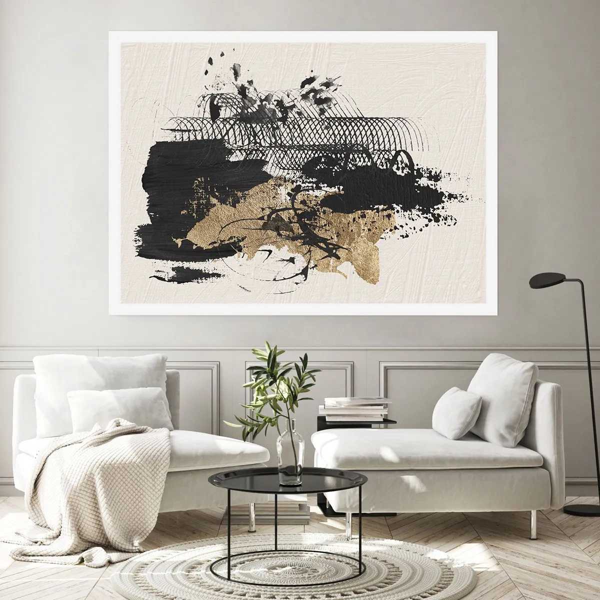 Póster - Una pintura abstracta en negro y dorado con líneas y estructuras dinámicas. - 100x70cm - Composición con pasión - Decoración de pared moderna para salón y dormitorio ARTTOR