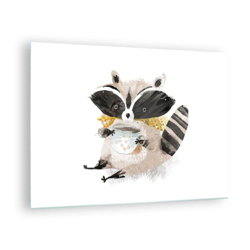 Cuadro sobre vidrio - Impresiones sobre Vidrio - Un lindo mapache sosteniendo una taza de bebida. - 70x50cm - Mi amigo mapache - Decoración de pared moderna para salón y dormitorio ARTTOR