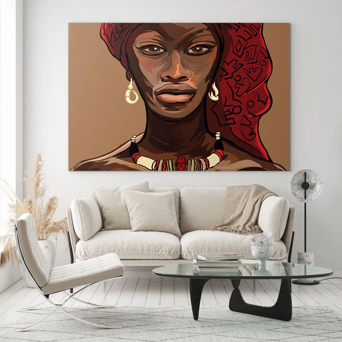 Cuadro sobre vidrio - Impresiones sobre Vidrio - Retrato estilizado de una mujer con turbante rojo y joyas. - 100x70cm - Venus de ébano - Decoración de pared moderna para salón y dormitorio ARTTOR
