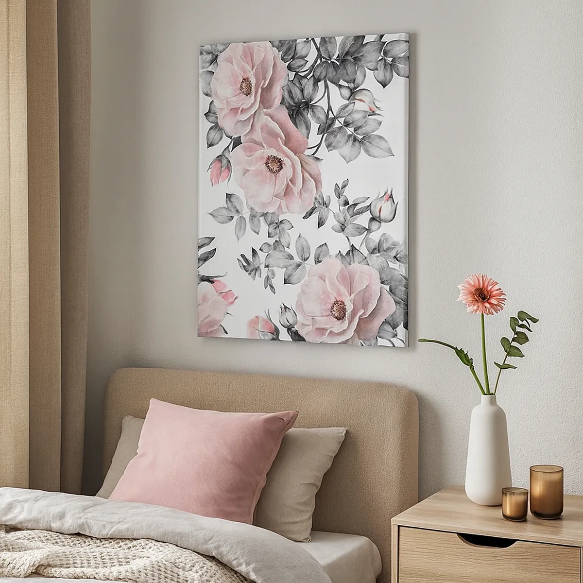 Cuadro sobre lienzo - Impresión de Imagen - Rosas rosas y hojas sobre un delicado fondo blanco y negro. - 50x70cm - Entre las rosas - Decoración de pared moderna para salón y dormitorio ARTTOR