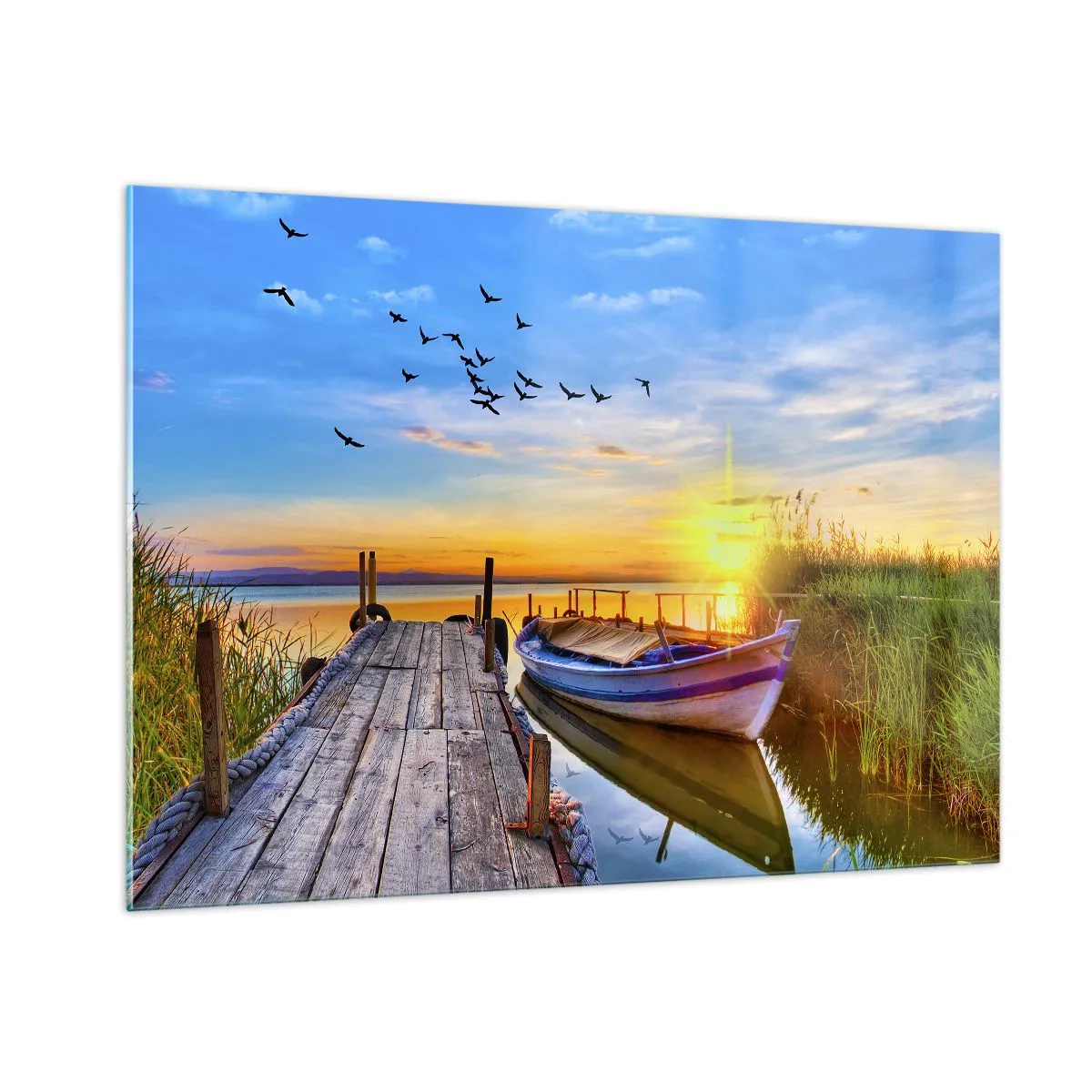 Cuadro sobre vidrio - Impresiones sobre Vidrio - Muelle de madera sobre un lago con un barco al amanecer - 100x70cm - Adiós, hasta mañana - Decoración de pared moderna para salón y dormitorio ARTTOR