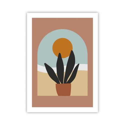 Póster - Una planta en maceta delante de un arco con una puesta de sol de fondo. - 50x70cm - Pequeñas alegrías - Decoración de pared moderna para salón y dormitorio ARTTOR
