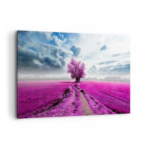 Cuadro sobre lienzo - Impresión de Imagen - Un árbol solitario en un campo de un tono rosa intenso. - 120x80cm - El brezal - un encanto - Decoración de pared moderna para salón y dormitorio ARTTOR