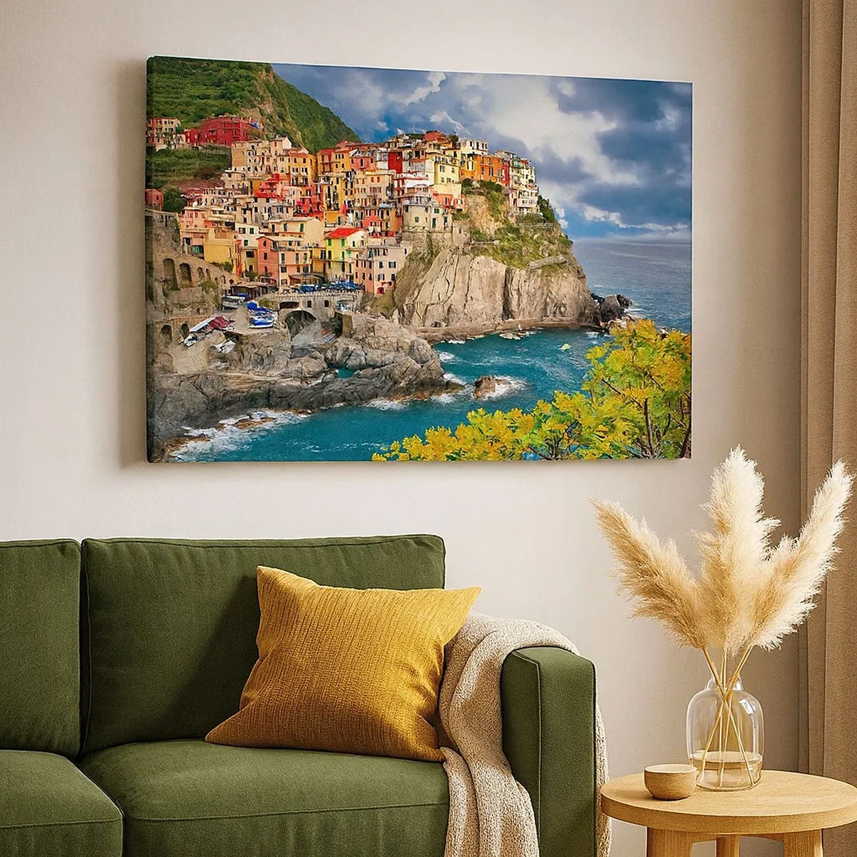 Cuadro sobre lienzo - Impresión de Imagen - Casas coloridas en un acantilado con vistas al mar en Cinque Terre - 70x50cm - En el acantilado - Decoración de pared moderna para salón y dormitorio ARTTOR