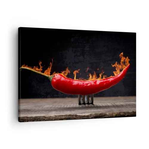 Cuadro sobre lienzo - Impresión de Imagen - Pimiento rojo flameado en un tenedor - 70x50cm - Un aperitivo ardiente - Decoración de pared moderna para salón y dormitorio ARTTOR