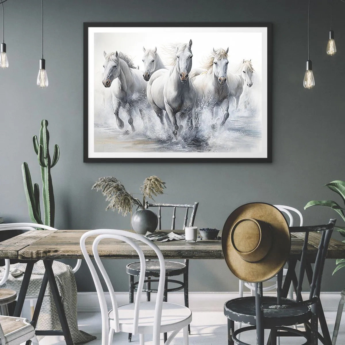Póster en marco negro - Caballos blancos galopando por el agua - 100x70cm - Magia blanca - Decoración de pared moderna para salón y dormitorio ARTTOR
