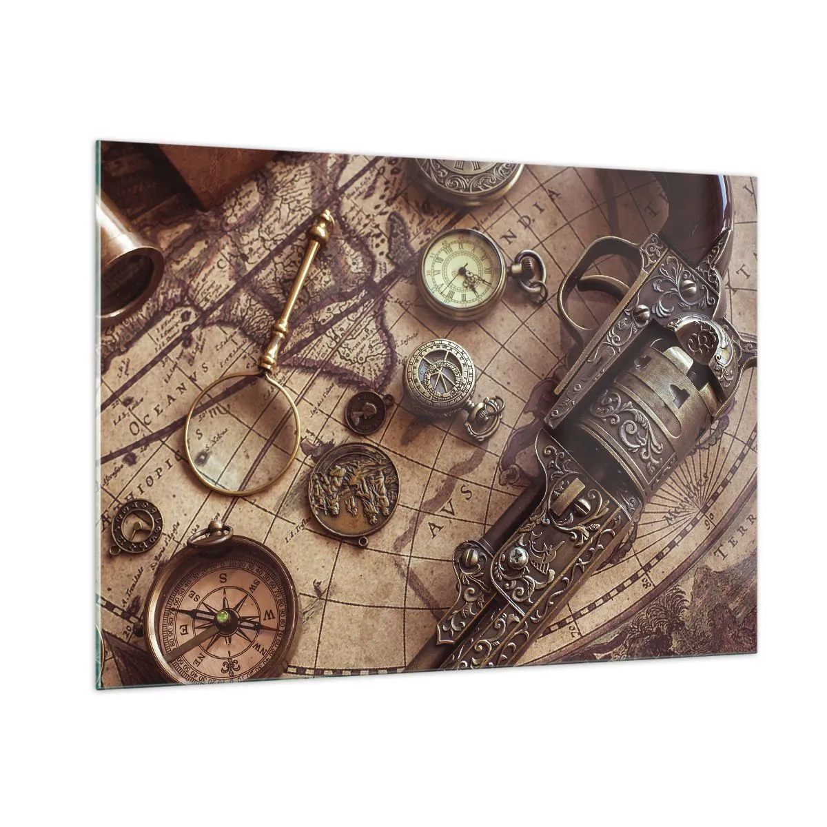 Cuadro sobre vidrio - Impresiones sobre Vidrio - Objetos antiguos y un mapa - 100x70cm - La aventura llama - Decoración de pared moderna para salón y dormitorio ARTTOR