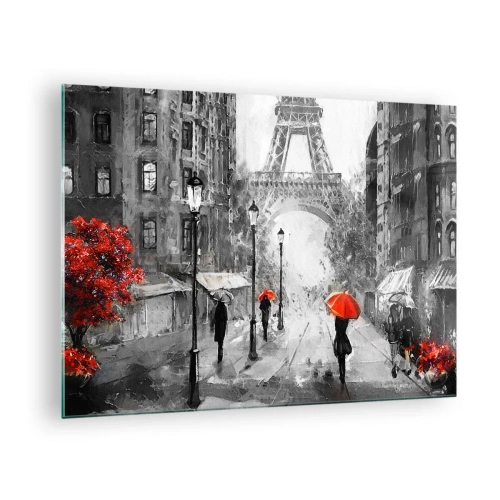 Cuadro sobre vidrio - Impresiones sobre Vidrio - La Torre Eiffel en un paisaje monocromático con acentos rojos. - 70x50cm - Todos los caminos conducen a ella - Decoración de pared moderna para salón y dormitorio ARTTOR