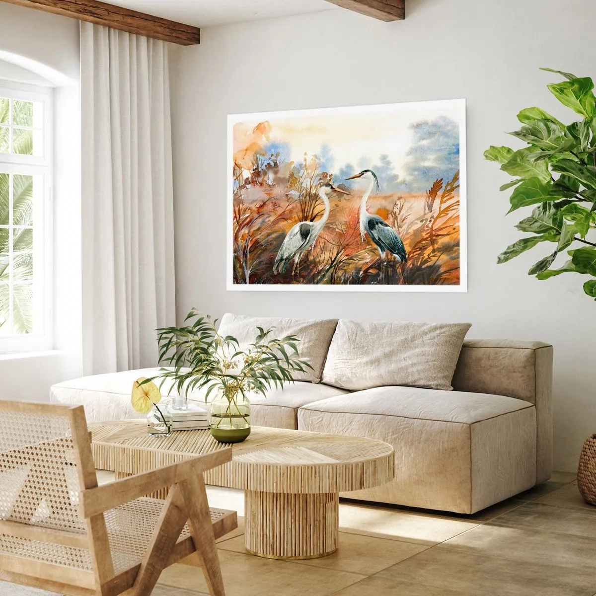 Póster - Dos garzas sobre el fondo de un paisaje otoñal. - 100x70cm - ¿A dónde nos dirigimos en otoño? - Decoración de pared moderna para salón y dormitorio ARTTOR