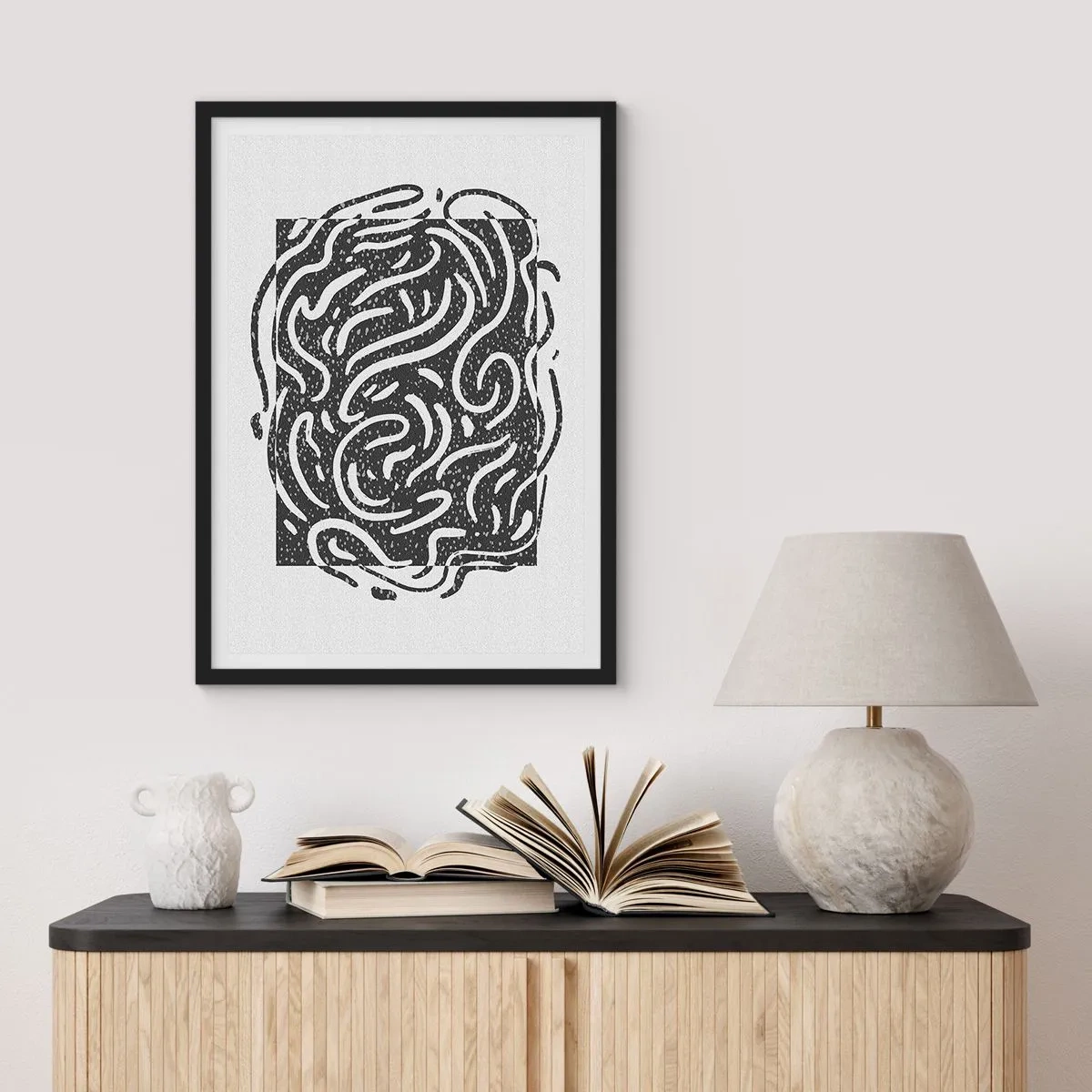 Póster en marco negro - Composición abstracta con líneas y formas dinámicas en blanco y negro. - 50x70cm - Abstracción: una danza de alegría - Decoración de pared moderna para salón y dormitorio ARTTOR