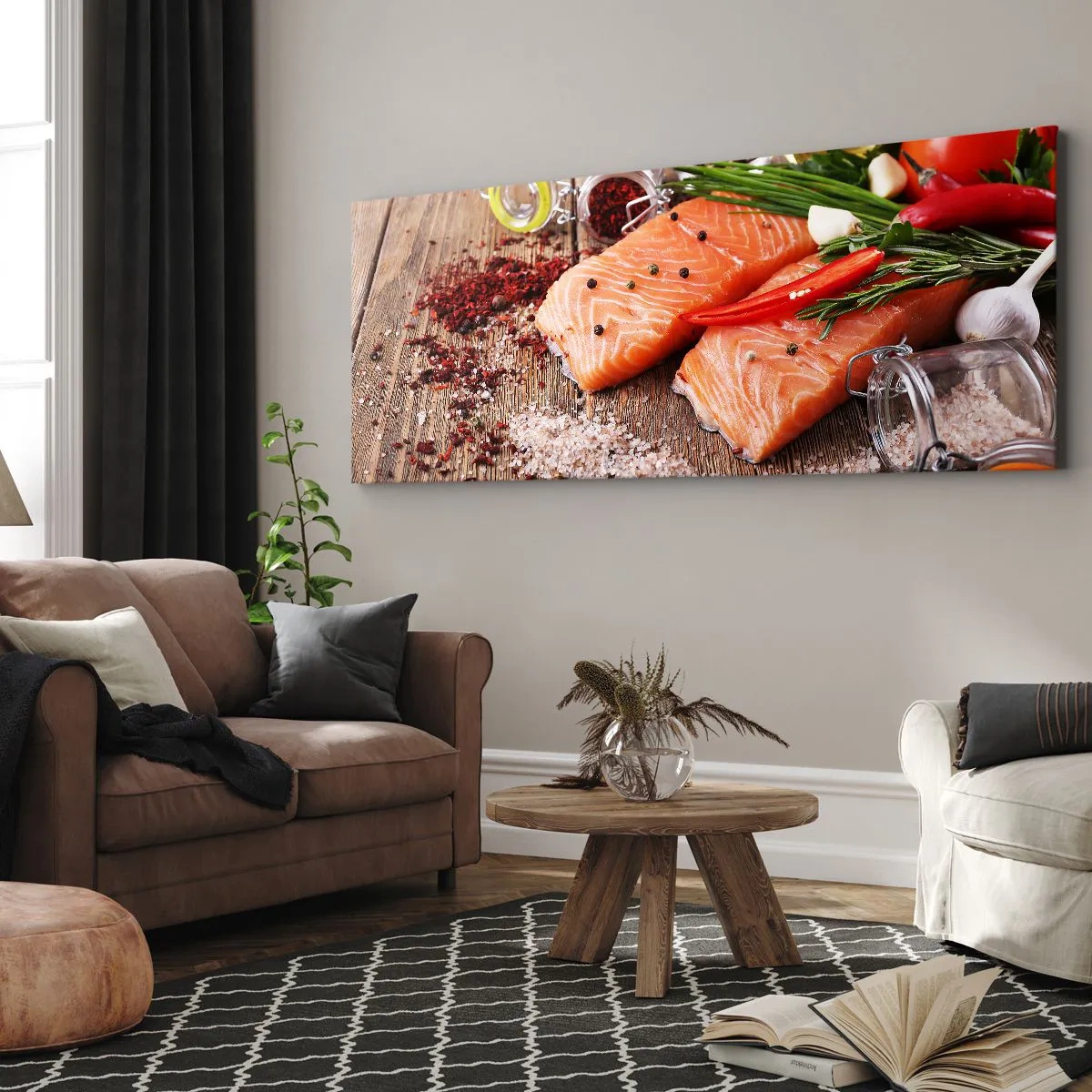 Cuadro sobre lienzo - Impresión de Imagen - Filetes de salmón con especias sobre fondo de madera. - 120x50cm - Una aventura noruega en la cocina - Decoración de pared moderna para salón y dormitorio ARTTOR