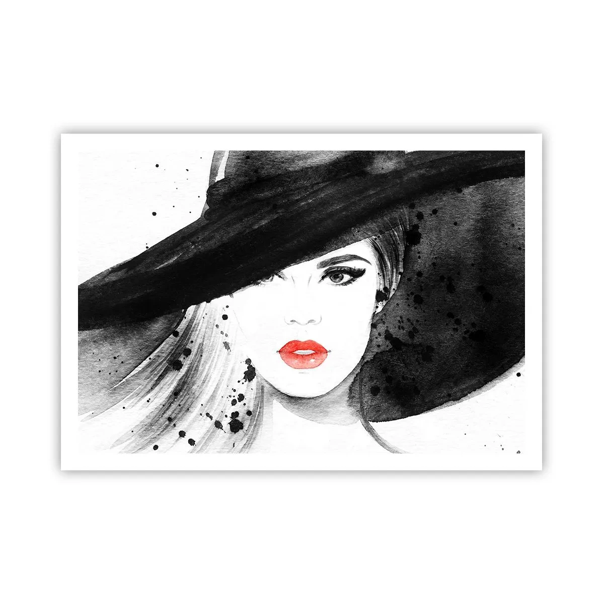 Póster - Retrato de una mujer con sombrero y labios rojos. - 100x70cm - Dama de negro - Decoración de pared moderna para salón y dormitorio ARTTOR