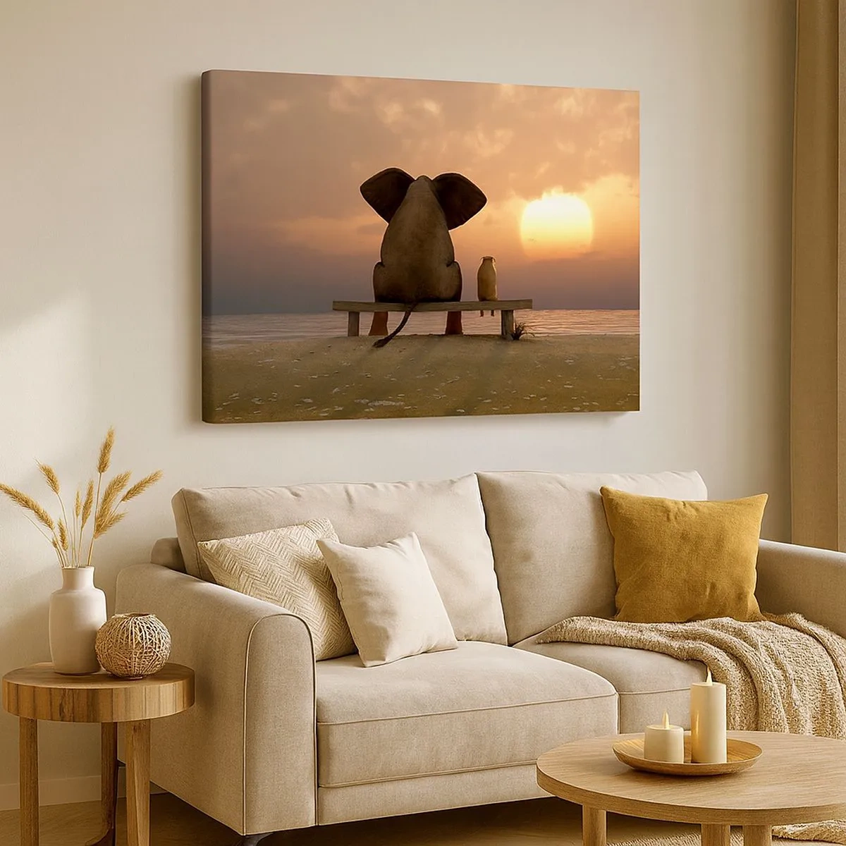Cuadro sobre lienzo - Impresión de Imagen - Un elefante y un perro están sentados en un banco en la playa durante el atardecer. - 70x50cm - Es bueno estar en silencio juntos - Decoración de pared moderna para salón y dormitorio ARTTOR