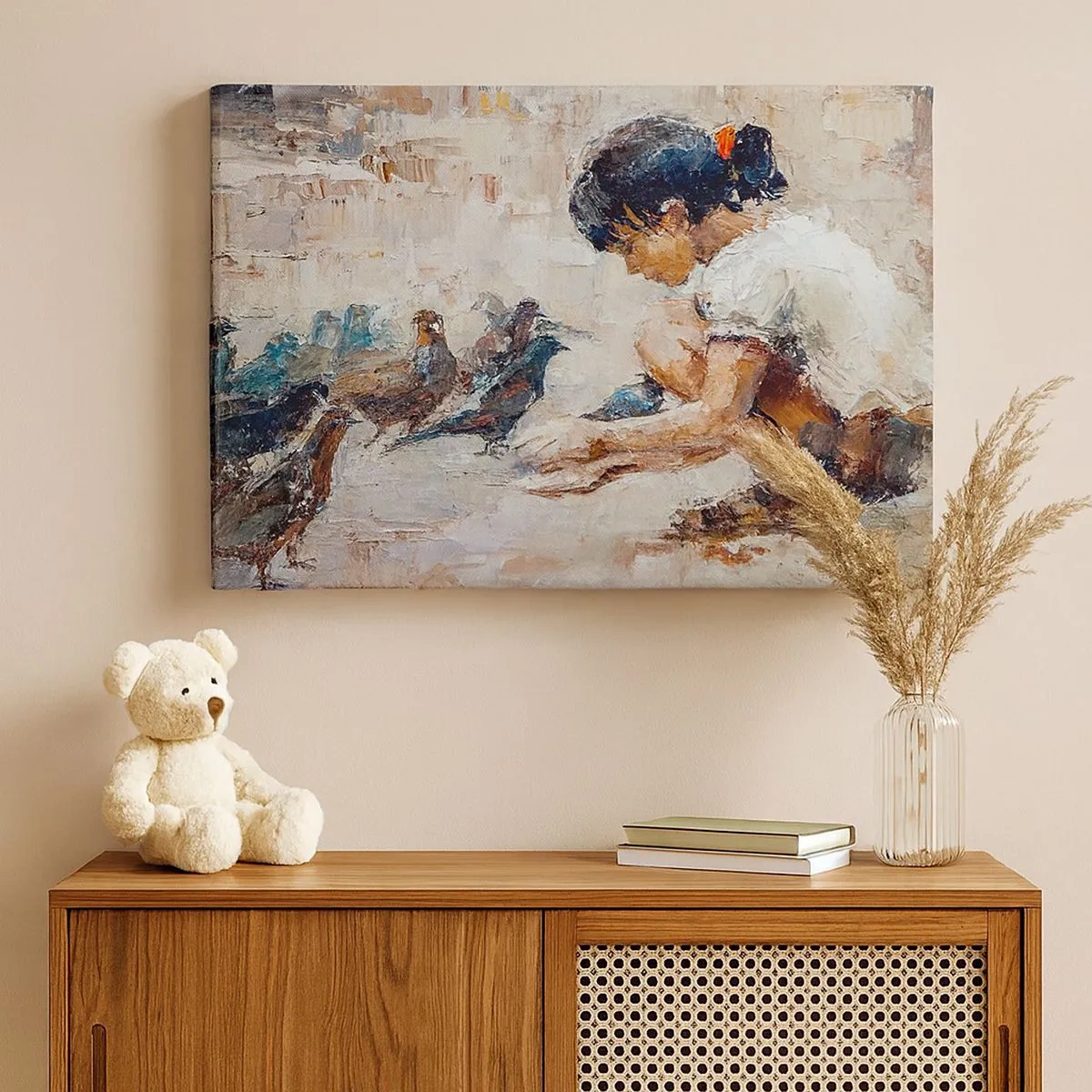 Cuadro sobre lienzo - Impresión de Imagen - Una niña alimentando pájaros en un estilo pictórico. - 70x50cm - Pequeños y dulces - Decoración de pared moderna para salón y dormitorio ARTTOR