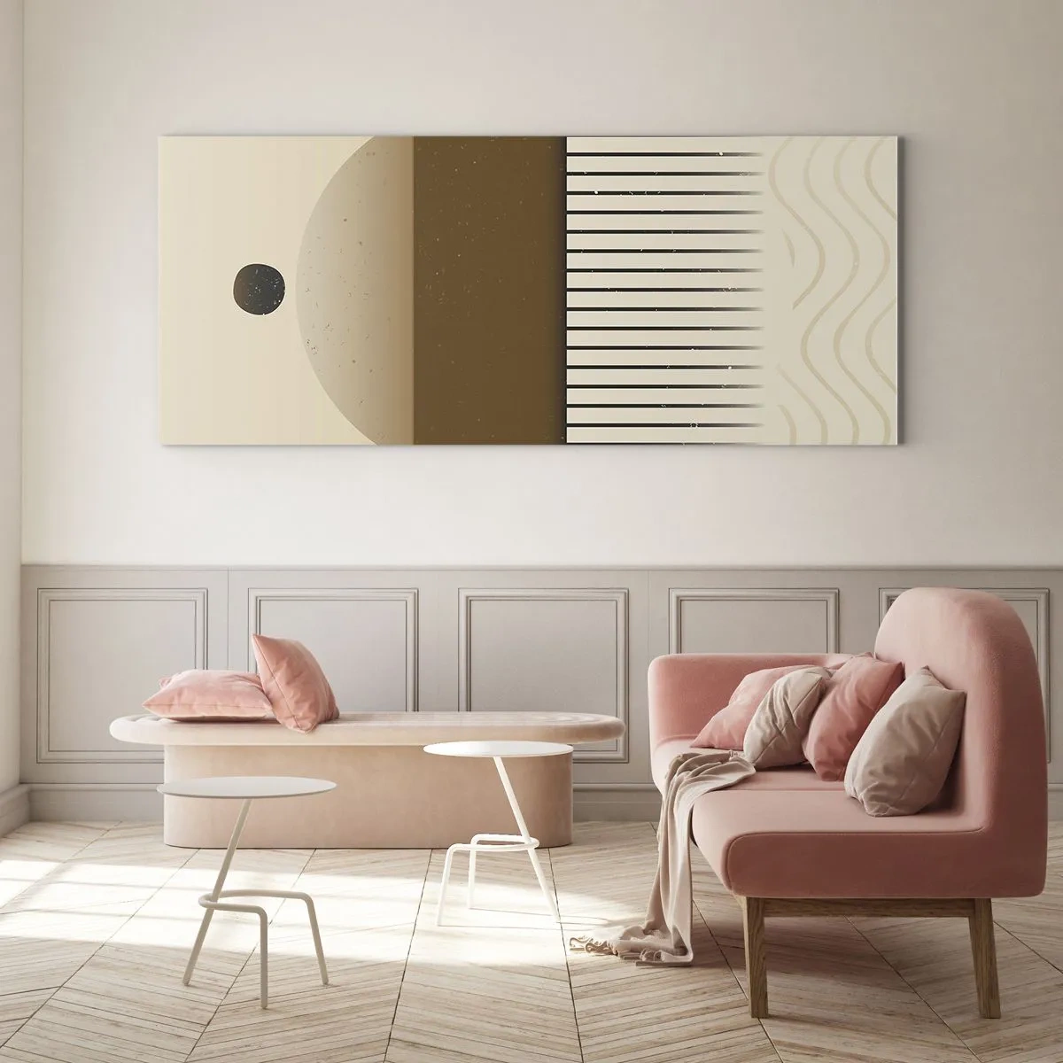 Cuadro sobre vidrio - Impresiones sobre Vidrio - Composición geométrica abstracta en tonos beige y marrón. - 120x50cm - Varios estados - Decoración de pared moderna para salón y dormitorio ARTTOR