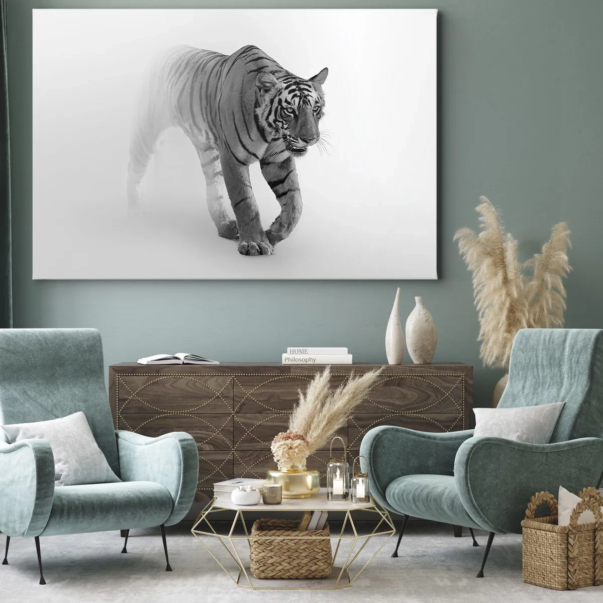 Cuadro sobre lienzo - Impresión de Imagen - Un tigre emergiendo de la niebla. - 120x80cm - Siempre alerta entre la niebla - Decoración de pared moderna para salón y dormitorio ARTTOR