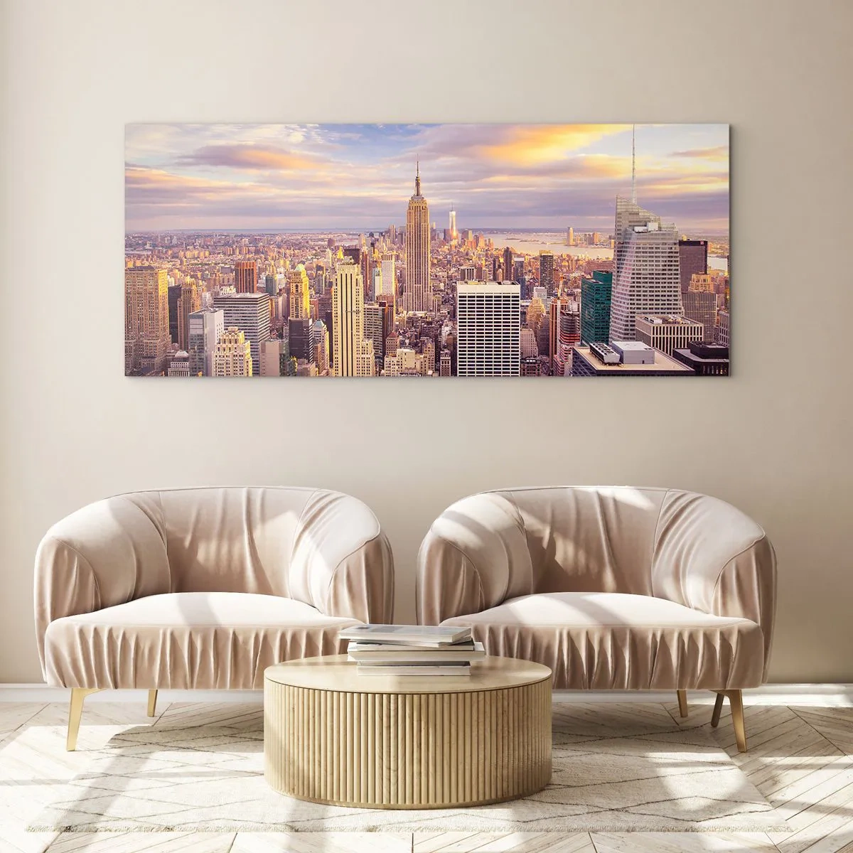 Cuadro sobre vidrio - Impresiones sobre Vidrio - Panorama de una ciudad moderna con rascacielos al atardecer - 160x50cm - Alcanzar las nubes - Decoración de pared moderna para salón y dormitorio ARTTOR