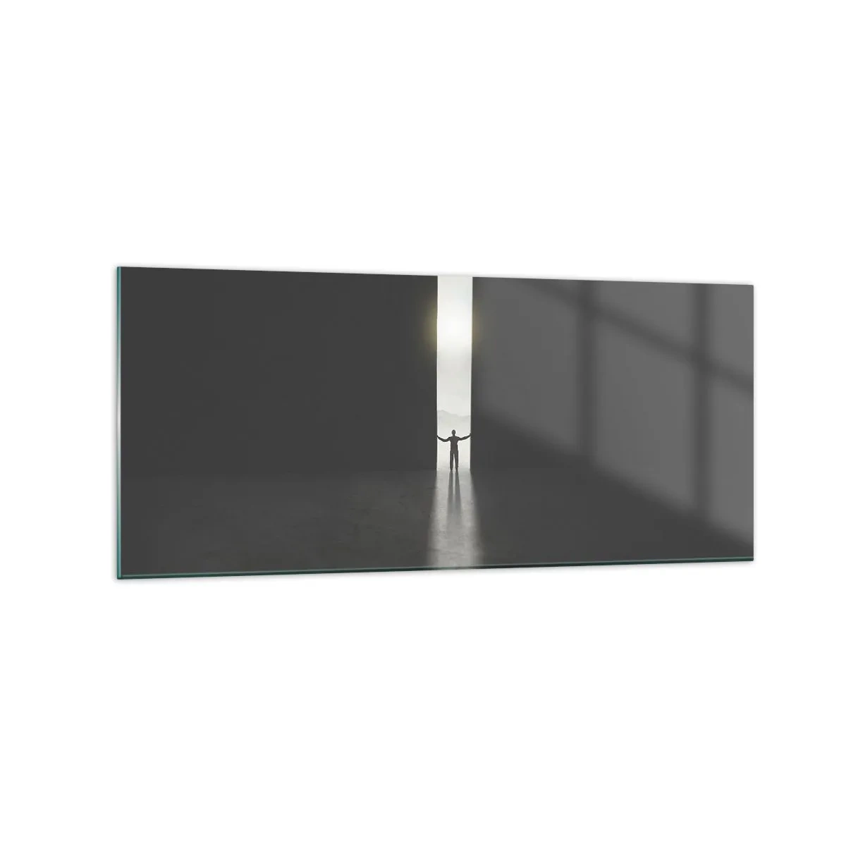 Cuadro sobre vidrio - Impresiones sobre Vidrio - Un hombre de pie a la luz de una estrecha rendija en un espacio oscuro. - 120x50cm - Un paso hacia un futuro brillante - Decoración de pared moderna para salón y dormitorio ARTTOR