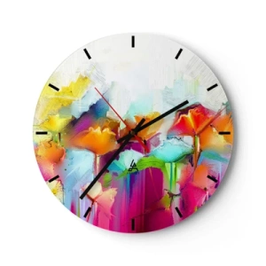 Reloj de pared - Reloj de vidrio - Flores abstractas coloridas en colores intensos. - 30x30cm - Un arco iris ha florecido - Decoración de pared moderna para salón, cocina y dormitorio ARTTOR