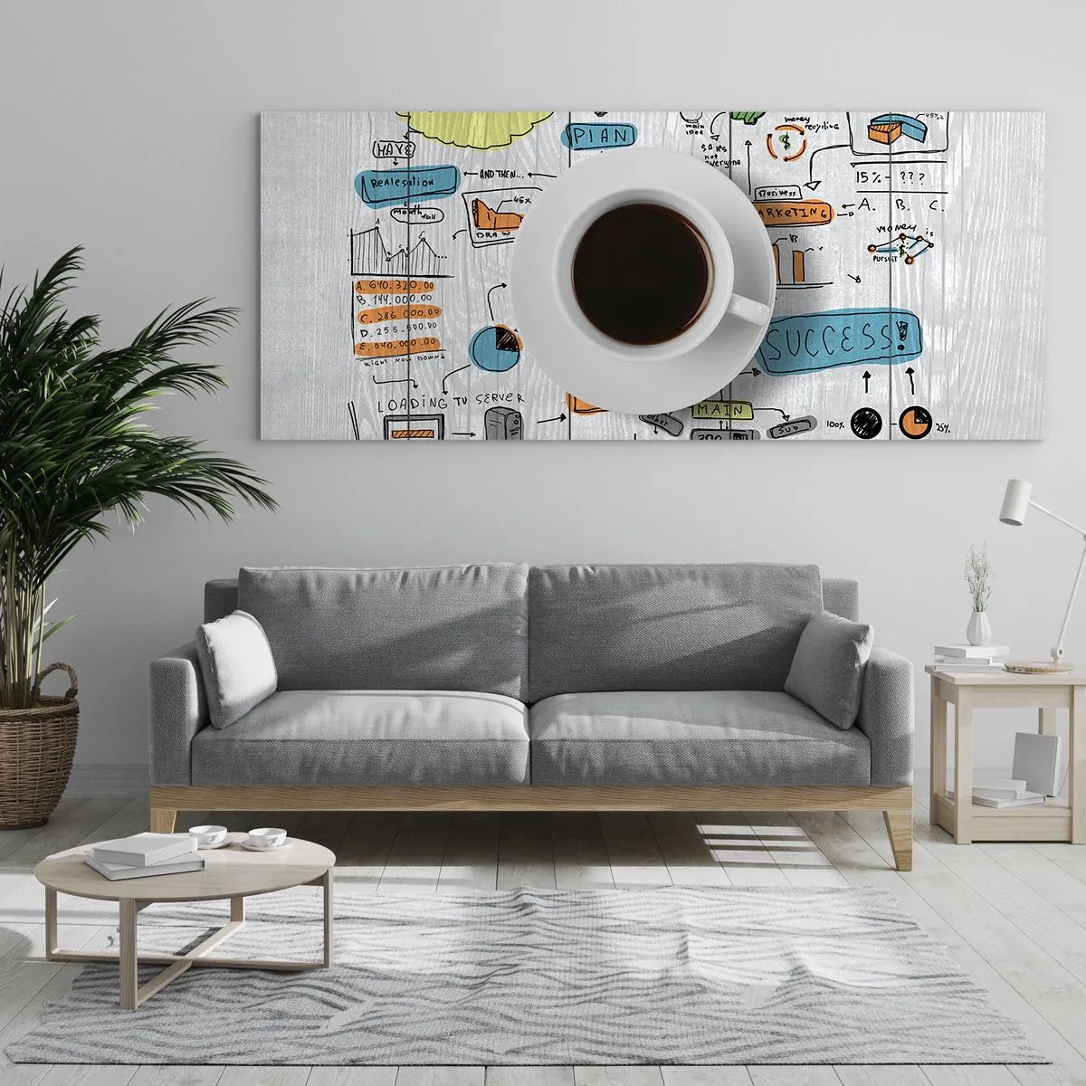 Cuadro sobre vidrio - Impresiones sobre Vidrio - Una taza de café sobre el fondo de un dibujo conceptual. - 160x50cm - Tiempo de descanso - Decoración de pared moderna para salón y dormitorio ARTTOR