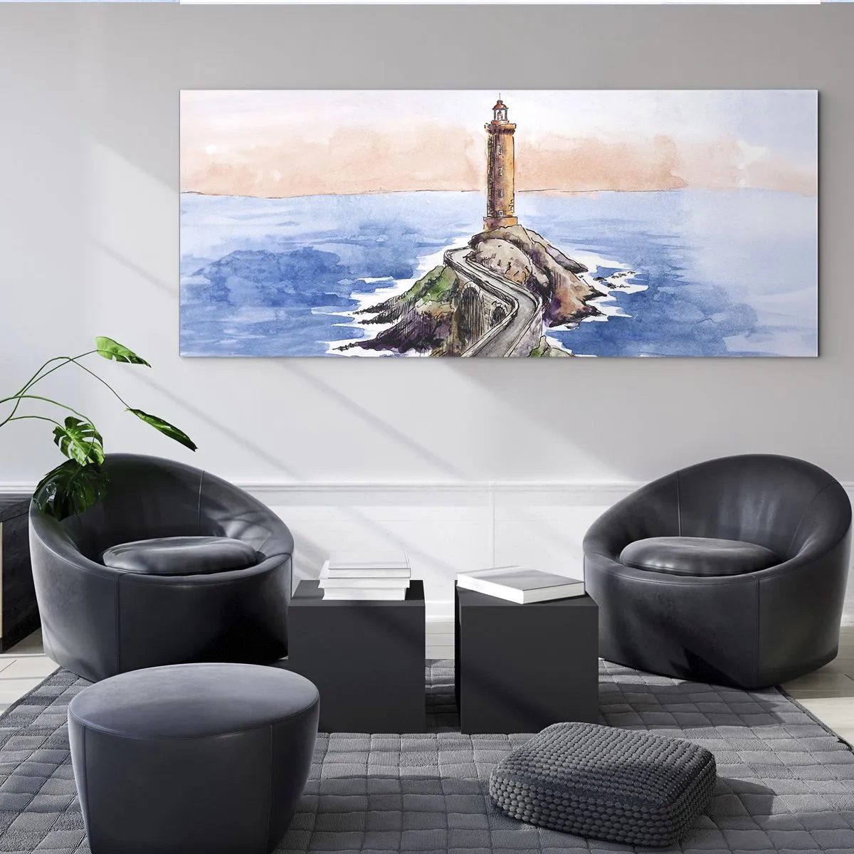 Cuadro sobre vidrio - Impresiones sobre Vidrio - Un faro en una costa rocosa - 140x50cm - Frente al mar - Decoración de pared moderna para salón y dormitorio ARTTOR