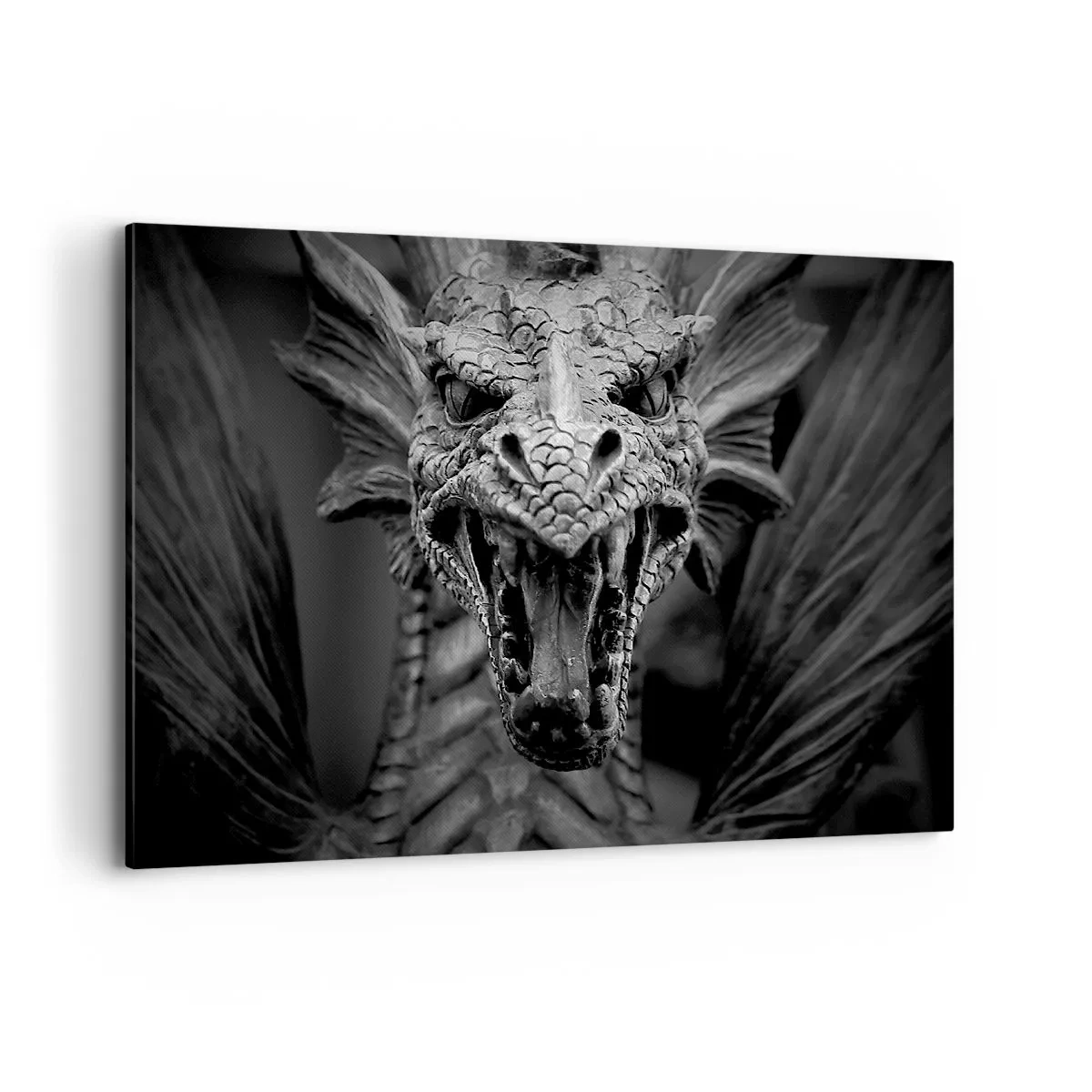 Cuadro sobre lienzo - Impresión de Imagen - Una cabeza de dragón amenazante en blanco y negro con detalles expresivos. - 100x70cm - Dragón de cuento de hadas en gris - Decoración de pared moderna para salón y dormitorio ARTTOR