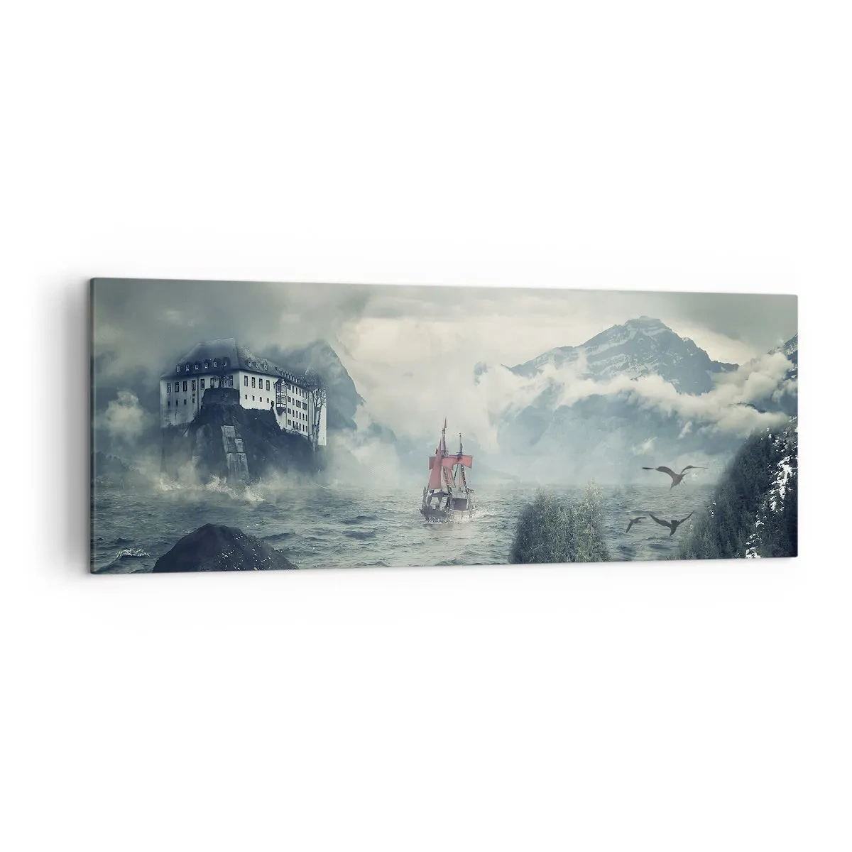 Cuadro sobre lienzo - Impresión de Imagen - Un paisaje misterioso con un castillo, montañas y un barco. - 140x50cm - En aguas mágicas - Decoración de pared moderna para salón y dormitorio ARTTOR