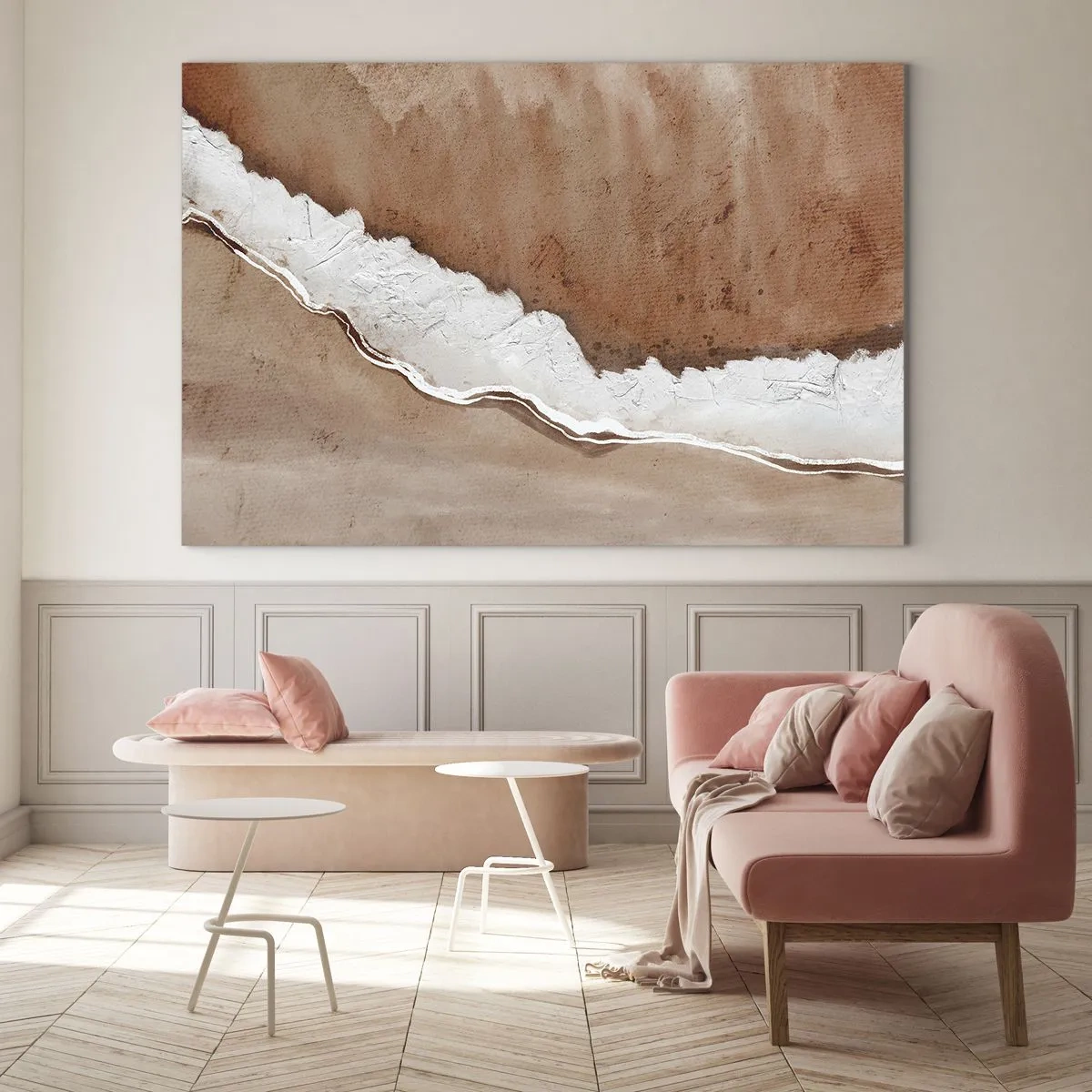 Cuadro sobre vidrio - Impresiones sobre Vidrio - Estructura artística en tonos tierra y blanco. - 120x80cm - En colores terrosos - Decoración de pared moderna para salón y dormitorio ARTTOR