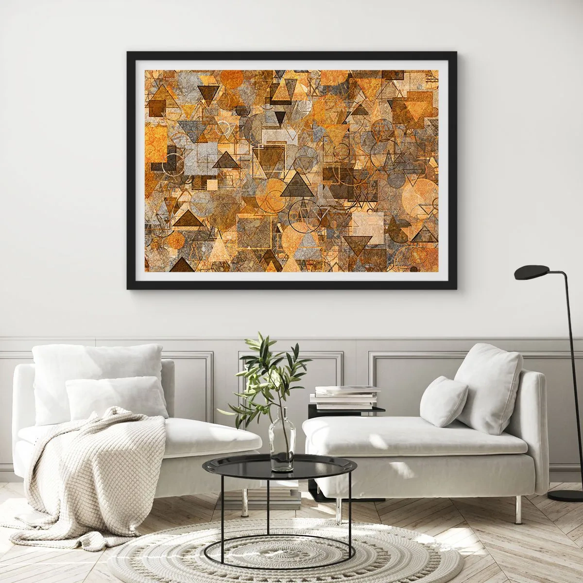 Póster en marco negro - Patrones geométricos abstractos en tonos dorados - 70x50cm - El mundo en formas - Decoración de pared moderna para salón y dormitorio ARTTOR