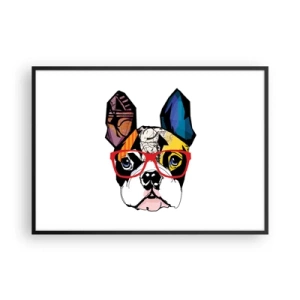 Póster en marco negro - Bulldog en una ilustración colorida con gafas rojas. - 100x70cm - El intelectual - Decoración de pared moderna para salón y dormitorio ARTTOR